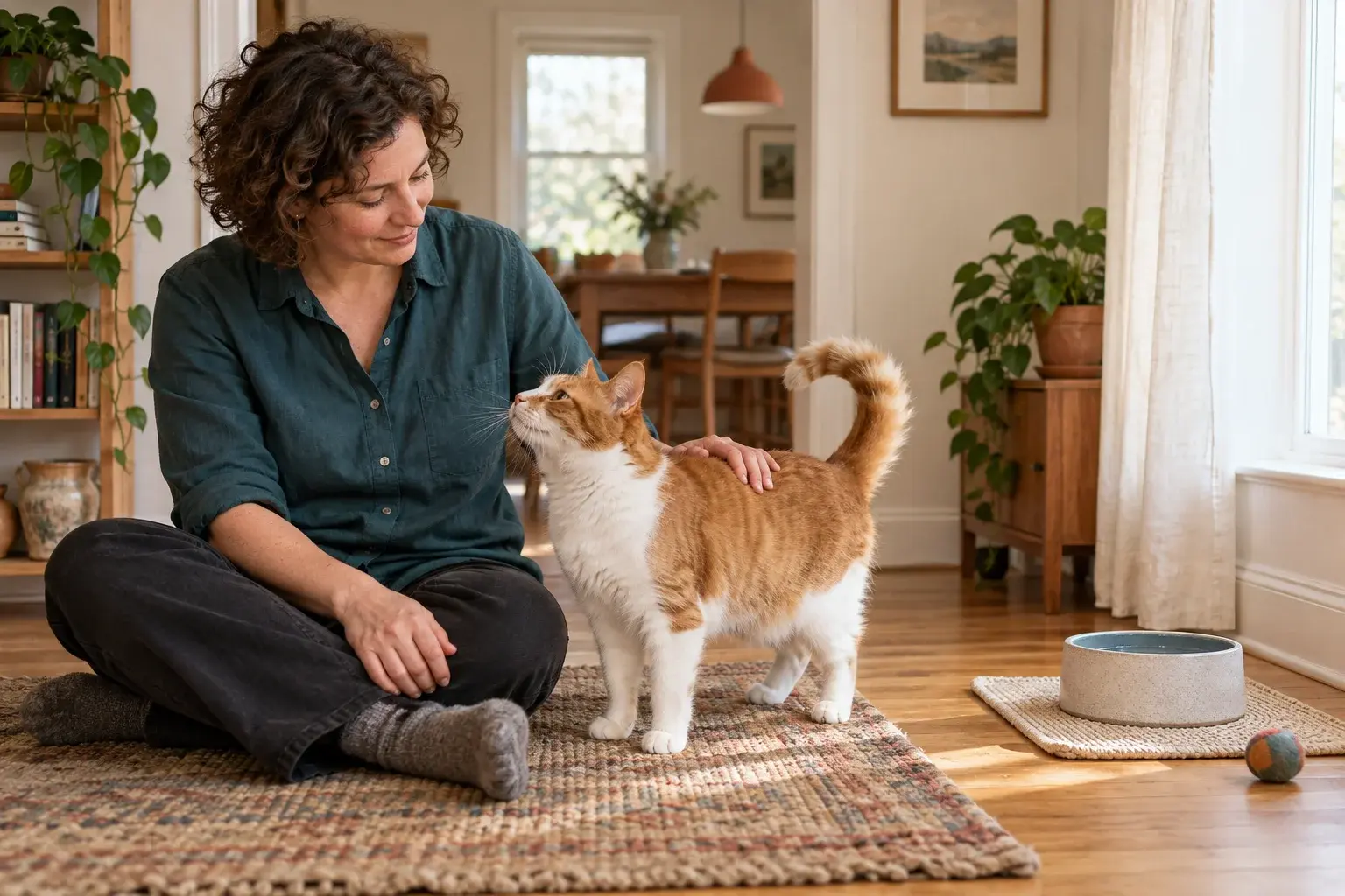 A pet-care professional sitting beside an orange-and-white cat during a home visit