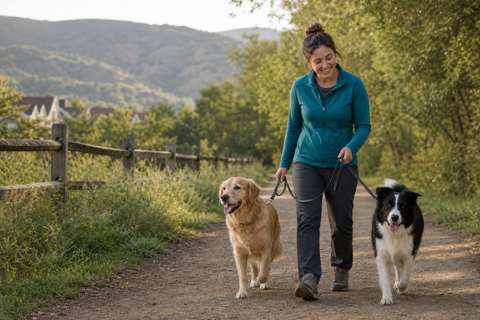 A sample pet-care professional walking two dogs on a neighborhood trail