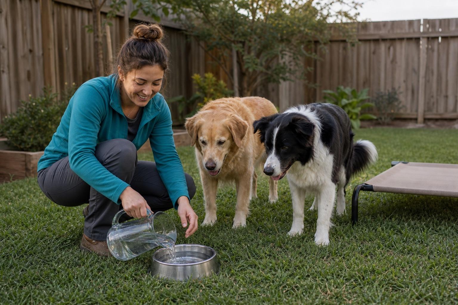 A sample pet-care professional refilling a water bowl while two dogs wait nearby